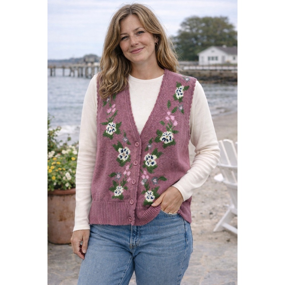 New Attitude Mauve African Violets‎ Floral Knit Sweater Vest Womens M